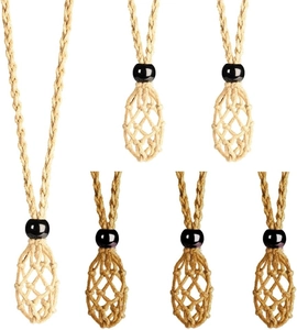 Set of 6 beige woven crystal holder necklaces with black beads and adjustable nets