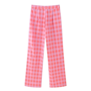 Detailed flat lay of women's pink and orange plaid wide-leg trousers with elastic waist