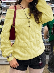 Chic off-the-shoulder long sleeve yellow cable knit sweater for women in casual street style