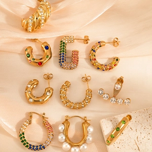 Set of 5 pairs of vintage gold stainless steel earrings with zircon and pearls on silk