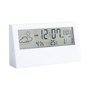White digital alarm clock with silent LCD display showing time, temp, and humidity