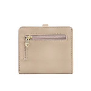 Detailed view of apricot PU leather wallet featuring a golden heart zipper pull and logo