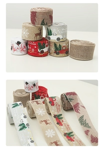 Detail of Christmas burlap ribbons featuring reindeer, snowman and vintage truck patterns