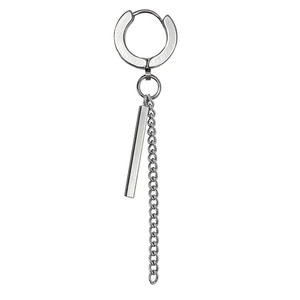Unisex stainless steel hoop earring with long cylinder pendant and thin metal tassel chain