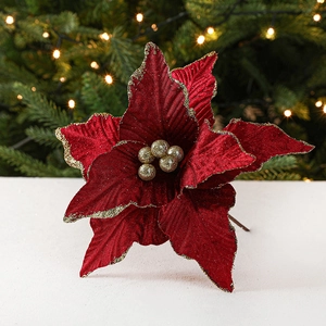 26cm burgundy velvet artificial poinsettia with gold glitter edges for Xmas decor