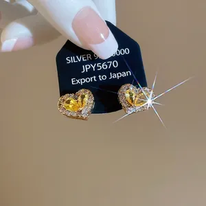 925 silver heart stud earrings with yellow gemstone and sparkling crystal halo