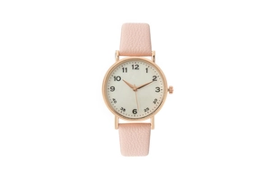 Detailed view of pink leather strap and rose gold round case of women's quartz watch