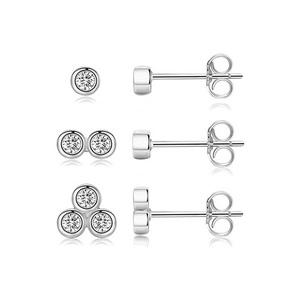 Detailed set of three silver s925 sterling silver stud earrings with clear zircon stones