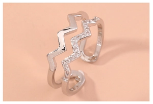 Detail of adjustable silver double wave ring with micro-pave white cubic zirconia