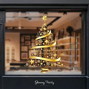 Golden Christmas Tree Window Clings Static PVC Sticker Merry Christmas Stars Snowflake Decals For Glass