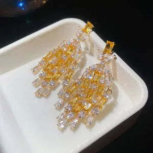 Vintage Court Style Tassel Drop Earrings With Yellow Zirconia Copper Base And Silver Earring Post For Women Luxury Jewelry
