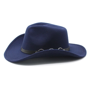 Classic navy blue felt cowboy hat with leather band and metal ring accents on white background