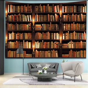 Cozy library bookshelf tapestry hanging behind a sofa for retro room decor and background