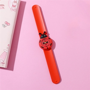 Detailed view of red ladybug cartoon snap watch for kids with silicone strap and numeric dial