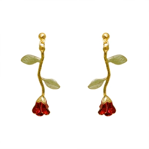 Elegant French luxury rose stud earrings with red oil-drop petals and golden leaf accents