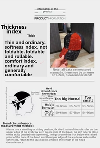 Size guide and head circumference measurement chart for stylish rhinestone baseball caps