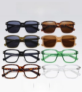 Matrix display of vintage square sunglasses and optical frames in eight trendy colorways
