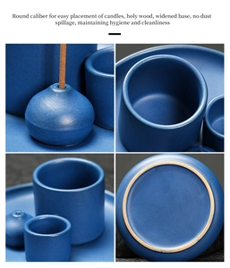 Ceramic incense set with spherical holder, round cups and widened blue matte tray
