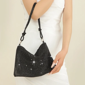 Sparkling black rhinestone knotted hobo bag for evening parties with silver metal rings