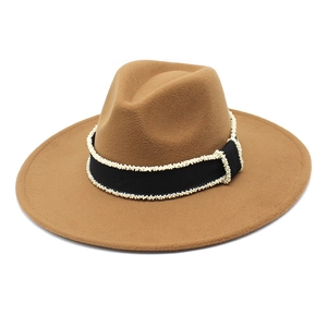Vintage Wide Brim Fedora Hat Wool Felt Jazz Cap Artificial Pearl Beaded Ribbon Band Elegant Autumn Winter Headwear For Men Women