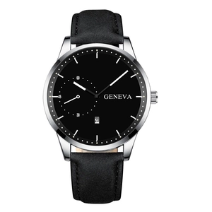 Close-up of Geneva watch with black dial, silver case, leather strap and date display