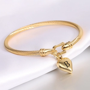 18K gold plated stainless steel twisted rope bracelet with letter B heart charm