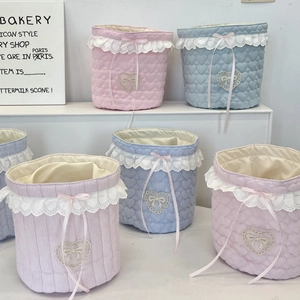 Korean Style Quilted Cotton Fabric Storage Basket Heart Lace Trim Ribbon Bow Sweet Girly Desktop Organizer For Cosmetics