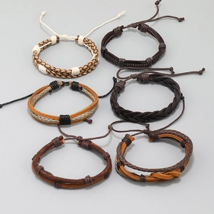 Set of 6 vintage woven leather bracelets for men featuring adjustable braided rope cords