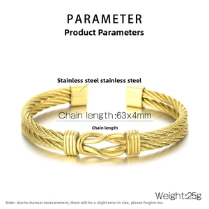 Detail of gold twisted cable knot open bracelet with 63x4mm stainless steel size specs
