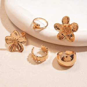 5-piece gold metal irregular flower open ring set for women with minimalist style