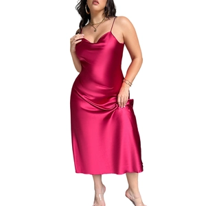 Elegant magenta satin slip dress with cowl neck and adjustable spaghetti straps