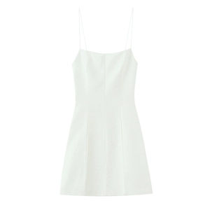 Minimalist white bodycon mini dress with thin straps and a bow detail on a white background