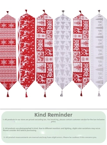 Detailed close-up of Christmas table runners with reindeer motifs and tassel fringe decor