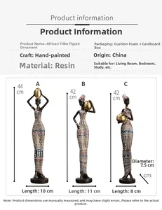 Detailed size chart for resin African tribal women figurines with hand-painted patterns