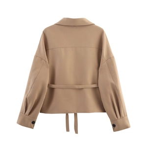 Back view of a khaki solid color jacket for women with pockets and waist belt detail