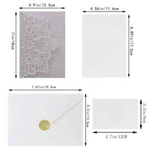 Laser cut silver glitter wedding invitation set with specific component size details