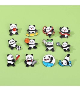 Set of 12 enamel panda brooches in various sports poses on a light green background