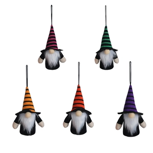 Set of 5 glowing Halloween gnome ornaments with colorful striped hats on white background