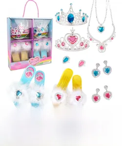 Detailed 14-piece DIY princess dress-up set with crowns, jewelry and fuzzy slippers