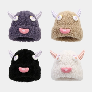 Funny Monster Plush Beanie Hat With Ox Horns And Big Eyes Warm Winter Faux Fur Windproof Festival Party Cap For Women Men