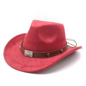 Rose red faux suede western cowboy hat with brown leather band and silver metal buckle