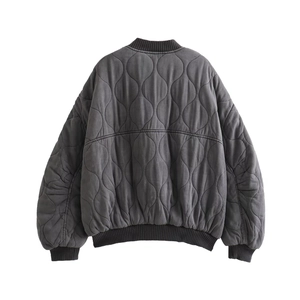 Rear view of dark charcoal grey quilted bomber jacket with distinct wave pattern stitching