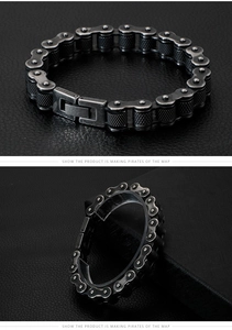 Close-up of vintage industrial stainless steel motorcycle chain bracelet for men