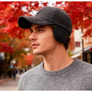 Detail view of winter baseball cap with folded ear flaps and soft fleece lining