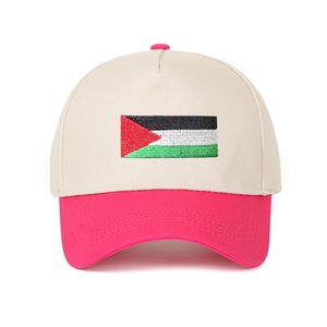 Detail of Palestine flag embroidery on two-tone beige and pink cotton baseball cap