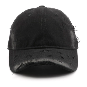 Vintage black washed cotton baseball cap with distressed details and frayed edges