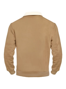 Rear view of camel men's streetwear jacket showing fabric texture and sheepskin collar detail