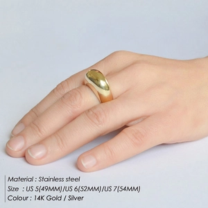 Detailed size guide for the thick stainless steel dome ring in 14K gold and silver finishes