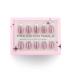 Minimalist French tip press-on nails with metallic mauve finish and white oval tips