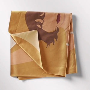 Close-up of bohemian wall tapestry showing detailed portrait illustration and satin texture